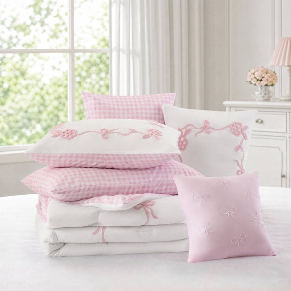 English Elm 6-Piece Full Queen Comforter Set Microfiber Terry Embroidery Floral Girls Bedroom Bedding Pink B035P549279
