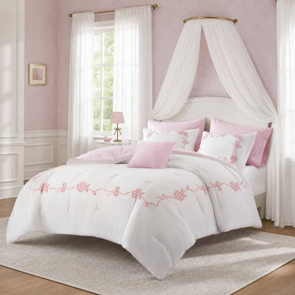 English Elm 6-Piece Full Queen Comforter Set Microfiber Terry Embroidery Floral Girls Bedroom Bedding Pink B035P549279