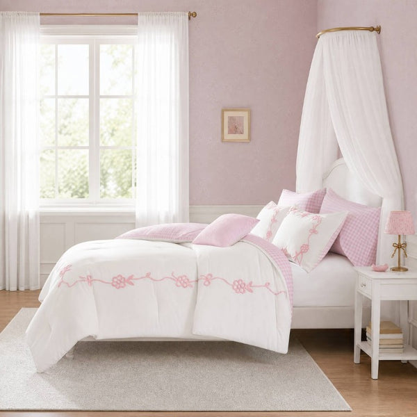 English Elm 6-Piece Full Queen Comforter Set Microfiber Terry Embroidery Floral Girls Bedroom Bedding Pink B035P549279