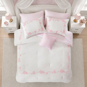 English Elm 6-Piece Full Queen Comforter Set Microfiber Terry Embroidery Floral Girls Bedroom Bedding Pink B035P549279