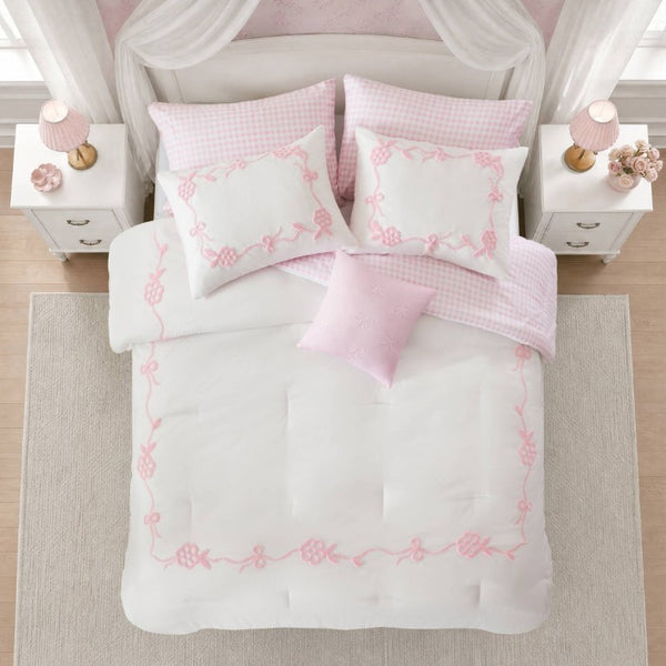 English Elm 6-Piece Full Queen Comforter Set Microfiber Terry Embroidery Floral Girls Bedroom Bedding Pink B035P549279