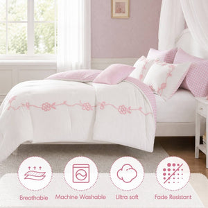 English Elm 6-Piece Full Queen Comforter Set Microfiber Terry Embroidery Floral Girls Bedroom Bedding Pink B035P549279