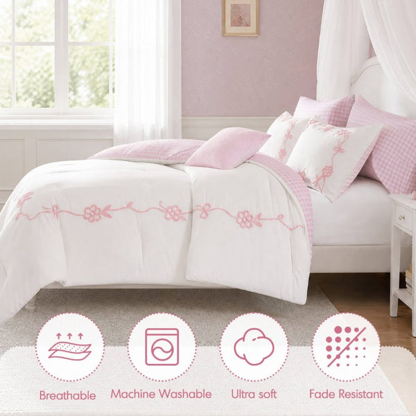 English Elm 6-Piece Full Queen Comforter Set Microfiber Terry Embroidery Floral Girls Bedroom Bedding Pink B035P549279