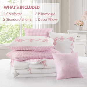 English Elm 6-Piece Full Queen Comforter Set Microfiber Terry Embroidery Floral Girls Bedroom Bedding Pink B035P549279