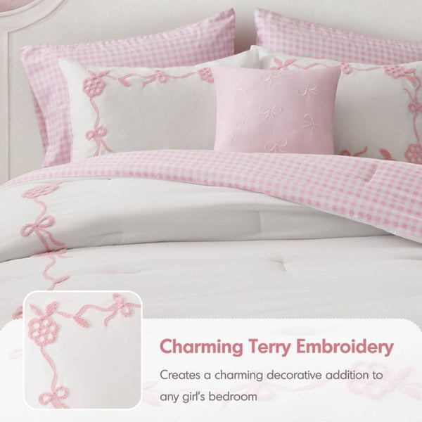 English Elm 6-Piece Full Queen Comforter Set Microfiber Terry Embroidery Floral Girls Bedroom Bedding Pink B035P549279