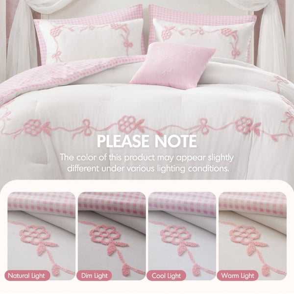 English Elm 6-Piece Full Queen Comforter Set Microfiber Terry Embroidery Floral Girls Bedroom Bedding Pink B035P549279
