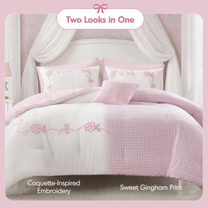 English Elm 6-Piece Full Queen Comforter Set Microfiber Terry Embroidery Floral Girls Bedroom Bedding Pink B035P549279