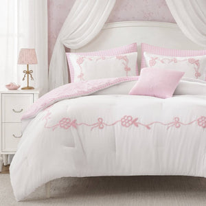 English Elm 6-Piece Full Queen Comforter Set Microfiber Terry Embroidery Floral Girls Bedroom Bedding Pink B035P549279