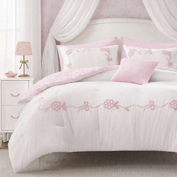 English Elm 6-Piece Full Queen Comforter Set Microfiber Terry Embroidery Floral Girls Bedroom Bedding Pink B035P549279