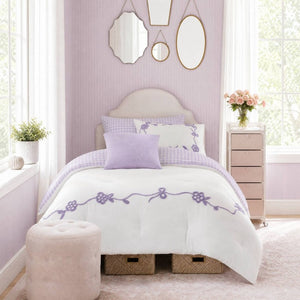 English Elm 4-Piece Twin Microfiber Comforter Set Reversible Gingham Bow Embroidery Girls Bedroom Purple B035P549280