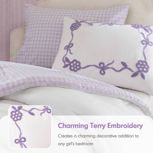 English Elm 4-Piece Twin Microfiber Comforter Set Reversible Gingham Bow Embroidery Girls Bedroom Purple B035P549280