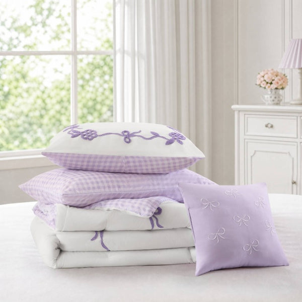 English Elm 4-Piece Twin Microfiber Comforter Set Reversible Gingham Bow Embroidery Girls Bedroom Purple B035P549280