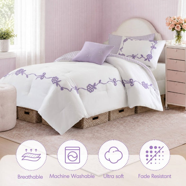 English Elm 4-Piece Twin Microfiber Comforter Set Reversible Gingham Bow Embroidery Girls Bedroom Purple B035P549280
