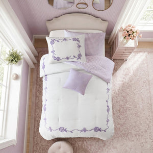 English Elm 4-Piece Twin Microfiber Comforter Set Reversible Gingham Bow Embroidery Girls Bedroom Purple B035P549280