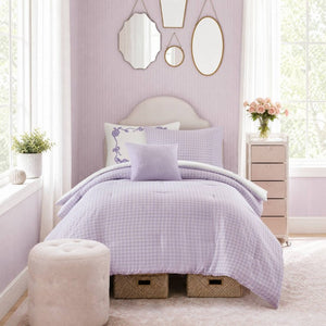 English Elm 4-Piece Twin Microfiber Comforter Set Reversible Gingham Bow Embroidery Girls Bedroom Purple B035P549280