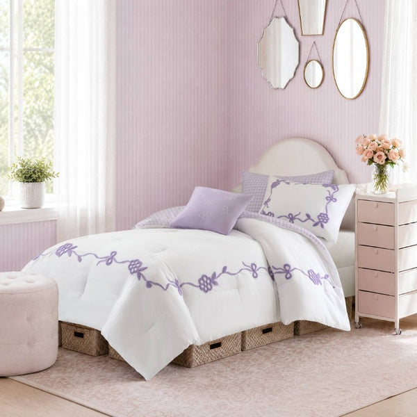 English Elm 4-Piece Twin Microfiber Comforter Set Reversible Gingham Bow Embroidery Girls Bedroom Purple B035P549280