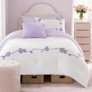 English Elm 4-Piece Twin Microfiber Comforter Set Reversible Gingham Bow Embroidery Girls Bedroom Purple B035P549280