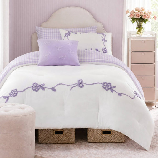 English Elm 4-Piece Twin Microfiber Comforter Set Reversible Gingham Bow Embroidery Girls Bedroom Purple B035P549280