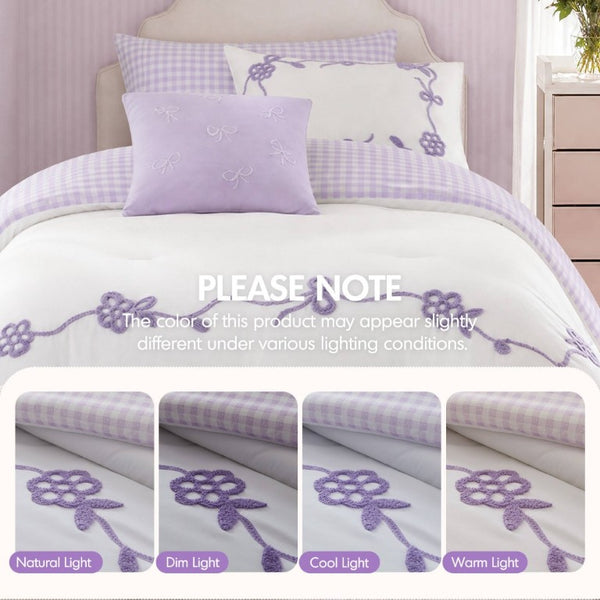 English Elm 4-Piece Twin Microfiber Comforter Set Reversible Gingham Bow Embroidery Girls Bedroom Purple B035P549280