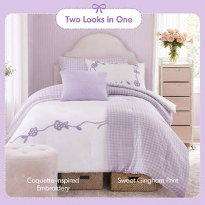 English Elm 4-Piece Twin Microfiber Comforter Set Reversible Gingham Bow Embroidery Girls Bedroom Purple B035P549280