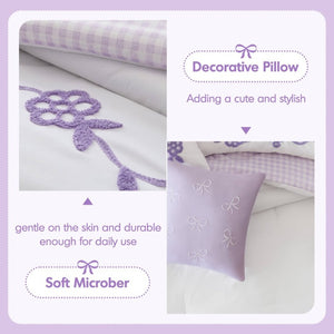 English Elm 4-Piece Twin Microfiber Comforter Set Reversible Gingham Bow Embroidery Girls Bedroom Purple B035P549280