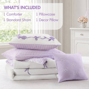 English Elm 4-Piece Twin Microfiber Comforter Set Reversible Gingham Bow Embroidery Girls Bedroom Purple B035P549280