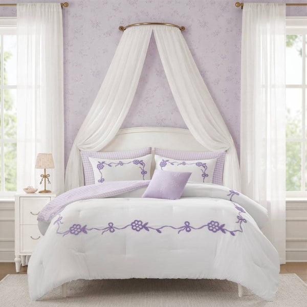 English Elm 6-Piece Full Queen Comforter Set Microfiber Terry Embroidery Floral Girls Bedroom Bedding Purple B035P549281