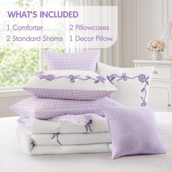English Elm 6-Piece Full Queen Comforter Set Microfiber Terry Embroidery Floral Girls Bedroom Bedding Purple B035P549281