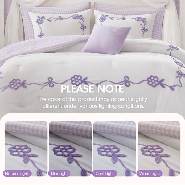 English Elm 6-Piece Full Queen Comforter Set Microfiber Terry Embroidery Floral Girls Bedroom Bedding Purple B035P549281