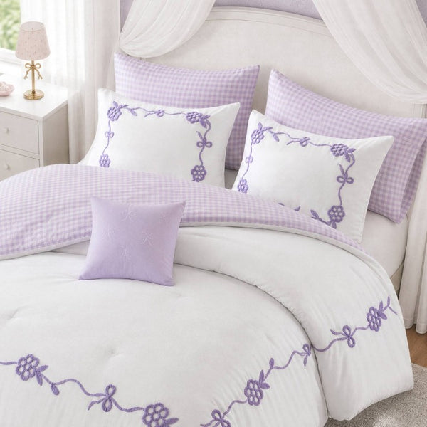 English Elm 6-Piece Full Queen Comforter Set Microfiber Terry Embroidery Floral Girls Bedroom Bedding Purple B035P549281