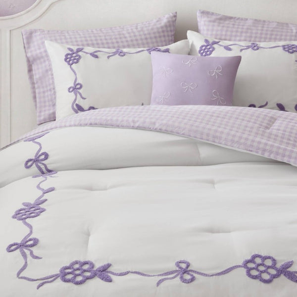 English Elm 6-Piece Full Queen Comforter Set Microfiber Terry Embroidery Floral Girls Bedroom Bedding Purple B035P549281