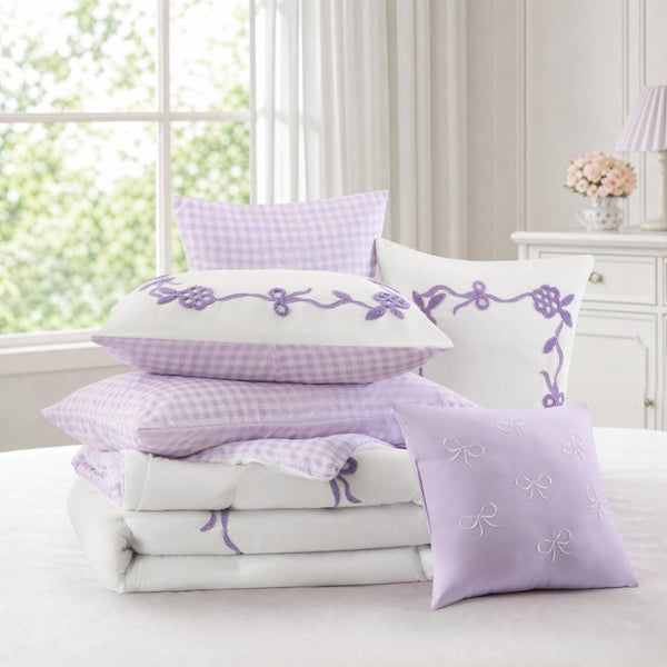 English Elm 6-Piece Full Queen Comforter Set Microfiber Terry Embroidery Floral Girls Bedroom Bedding Purple B035P549281
