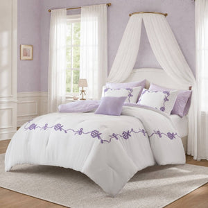 English Elm 6-Piece Full Queen Comforter Set Microfiber Terry Embroidery Floral Girls Bedroom Bedding Purple B035P549281