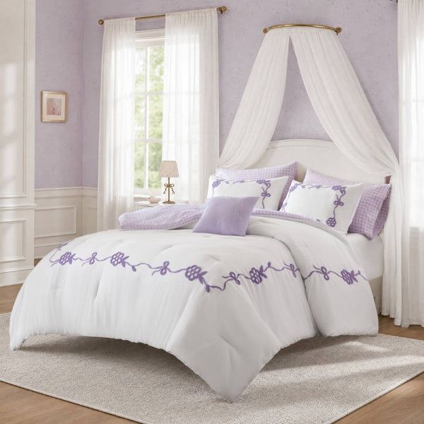 English Elm 6-Piece Full Queen Comforter Set Microfiber Terry Embroidery Floral Girls Bedroom Bedding Purple B035P549281