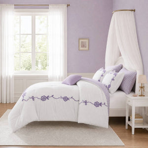 English Elm 6-Piece Full Queen Comforter Set Microfiber Terry Embroidery Floral Girls Bedroom Bedding Purple B035P549281