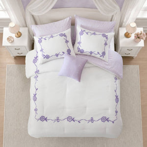English Elm 6-Piece Full Queen Comforter Set Microfiber Terry Embroidery Floral Girls Bedroom Bedding Purple B035P549281