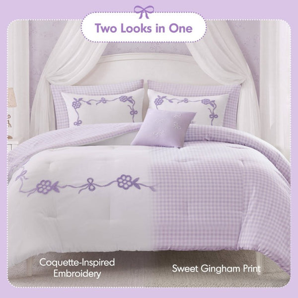 English Elm 6-Piece Full Queen Comforter Set Microfiber Terry Embroidery Floral Girls Bedroom Bedding Purple B035P549281