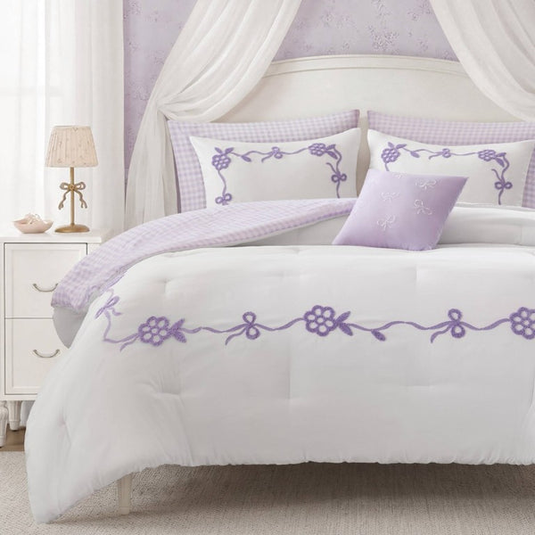 English Elm 6-Piece Full Queen Comforter Set Microfiber Terry Embroidery Floral Girls Bedroom Bedding Purple B035P549281
