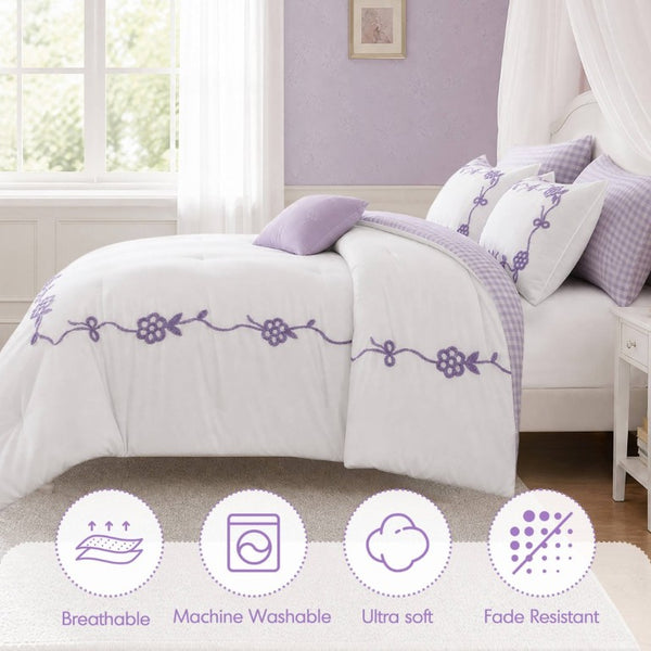 English Elm 6-Piece Full Queen Comforter Set Microfiber Terry Embroidery Floral Girls Bedroom Bedding Purple B035P549281