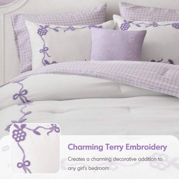 English Elm 6-Piece Full Queen Comforter Set Microfiber Terry Embroidery Floral Girls Bedroom Bedding Purple B035P549281