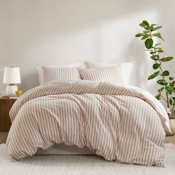 English Elm 3-Piece Cal King Duvet Set Rayon Linen Cotton Blend Yarn-Dyed Earthy Stripe B035P549282