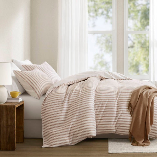 English Elm 3-Piece Cal King Duvet Set Rayon Linen Cotton Blend Yarn-Dyed Earthy Stripe B035P549282
