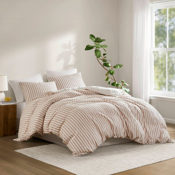 English Elm 3-Piece Cal King Duvet Set Rayon Linen Cotton Blend Yarn-Dyed Earthy Stripe B035P549282