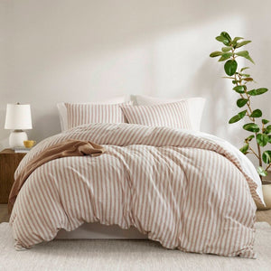 English Elm 3-Piece Cal King Duvet Set Rayon Linen Cotton Blend Yarn-Dyed Earthy Stripe B035P549282
