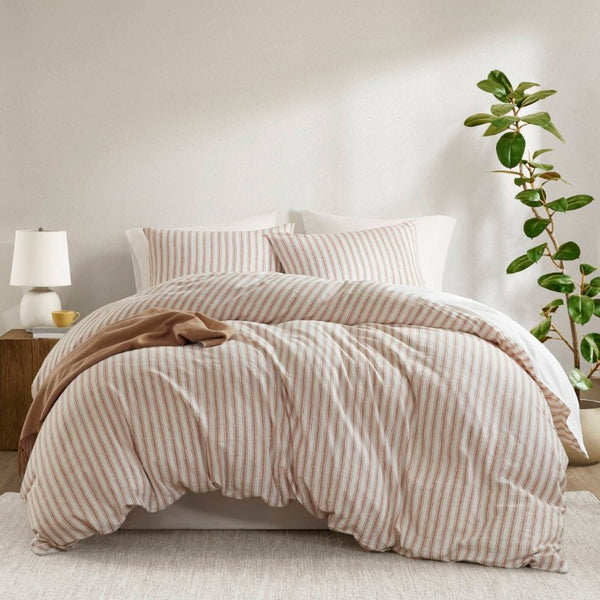English Elm 3-Piece Cal King Duvet Set Rayon Linen Cotton Blend Yarn-Dyed Earthy Stripe B035P549282