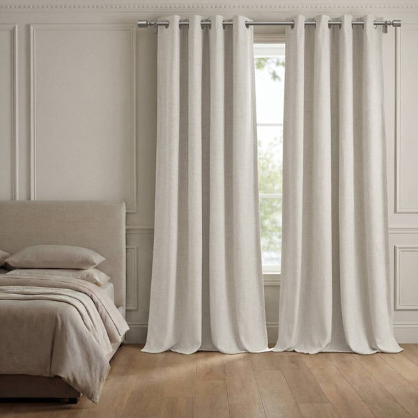 English Elm 2-Piece Mira Total Blackout Panels Linen Texture Polyester Fully Lined Bedroom Set White B035P549309