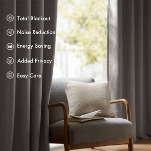English Elm 2-Piece Mira Total Blackout Panels Linen Texture Polyester Fully Lined Bedroom Set Grey B035P549310