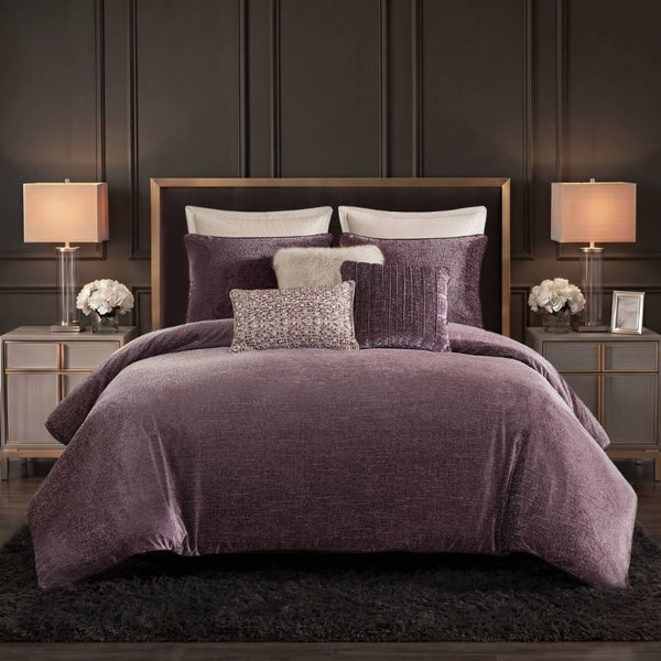 English Elm 8-Piece Queen Comforter Set Velvet Jacquard Faux Fur Embroidered Mauve Bedding Collection B035P549325