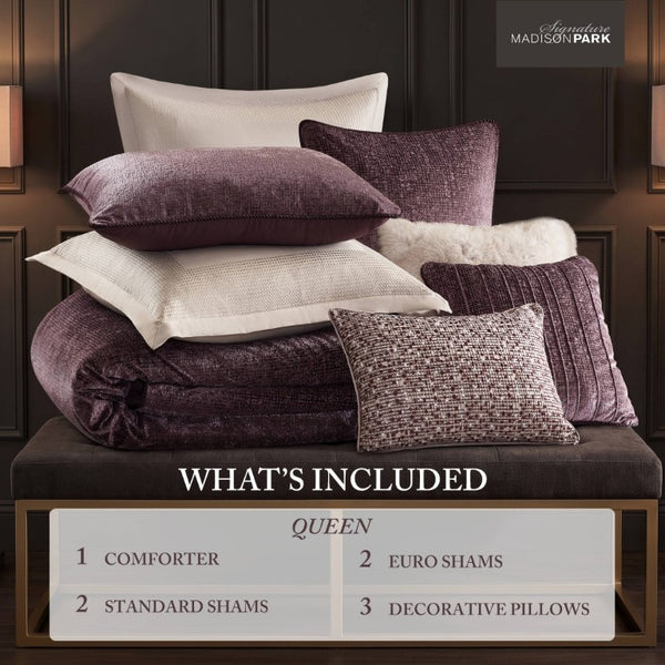 English Elm 8-Piece Queen Comforter Set Velvet Jacquard Faux Fur Embroidered Mauve Bedding Collection B035P549325