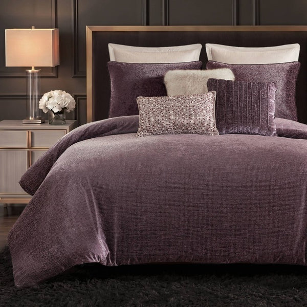 English Elm 8-Piece Queen Comforter Set Velvet Jacquard Faux Fur Embroidered Mauve Bedding Collection B035P549325